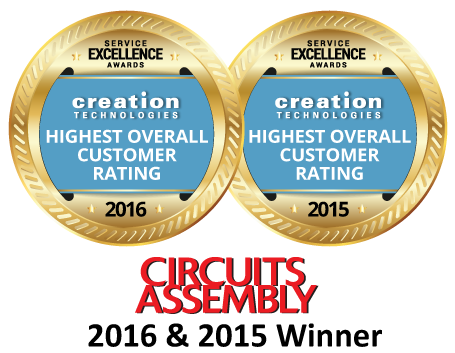 Creation Technologies is the Repeat Winner of Circuits Assembly's 'Highest Overall Customer Rating' at the 2016 Service Excellence Awards. Creation captured this honor in 2015 and now 2016.