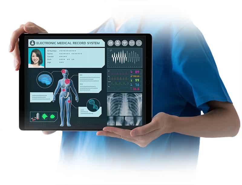 man holding digital medical documents and records