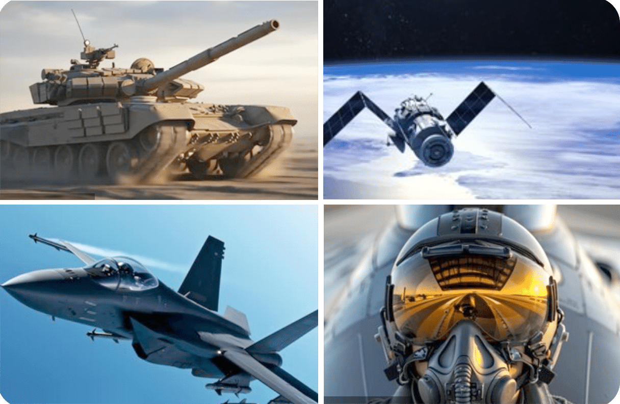 Tank, satellite, jet, pilot